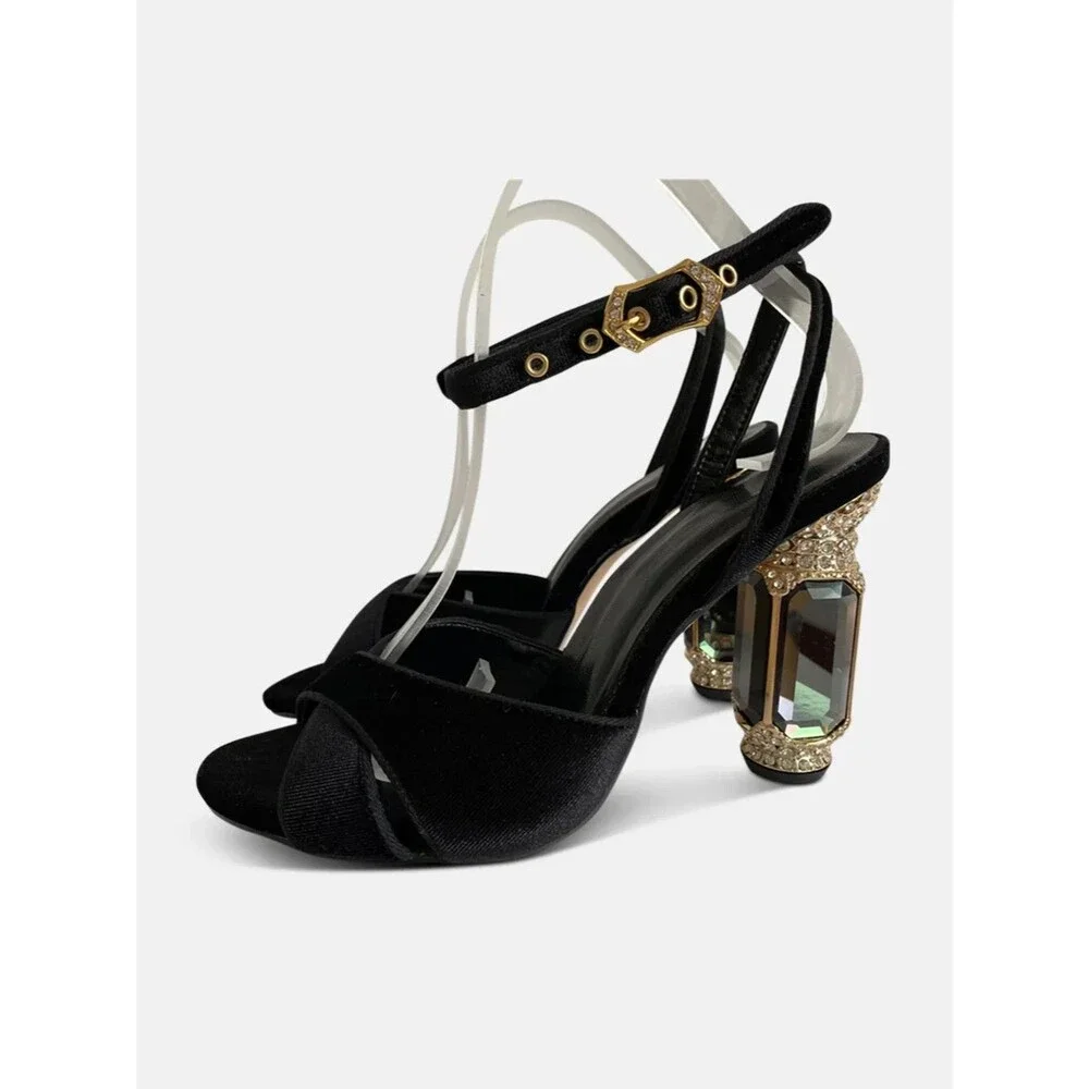 Velvet Black Jeweled Statement Heels Crystal Encrusted Block Heel Sandals Size38